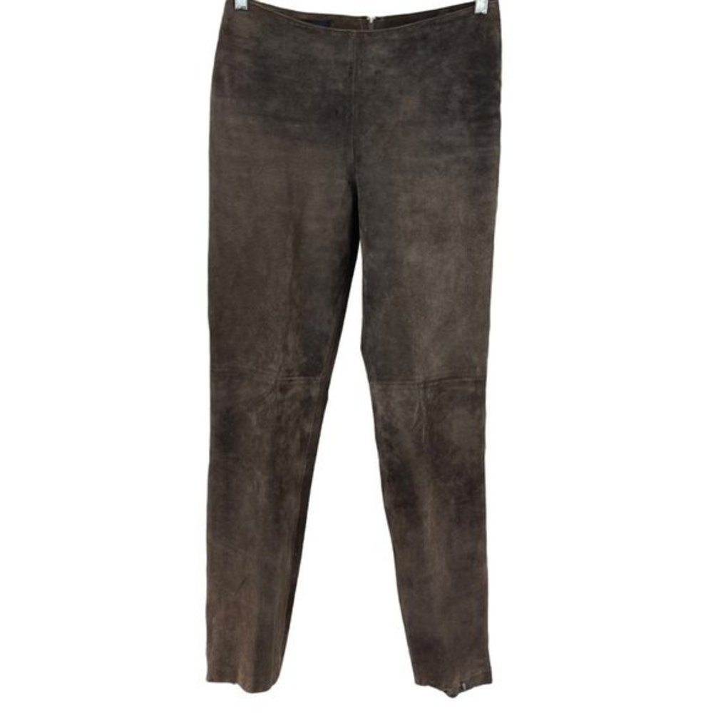 B & J Women Brown Leather Suede Straight Leg Mid Rise Back‎ Zip Up Pants Sz 6